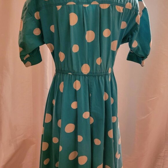 Vintage Jerell of Texas Women's Size 12 Polka Dot Dress Blue 80s Cotton Midi - Picture 2 of 9